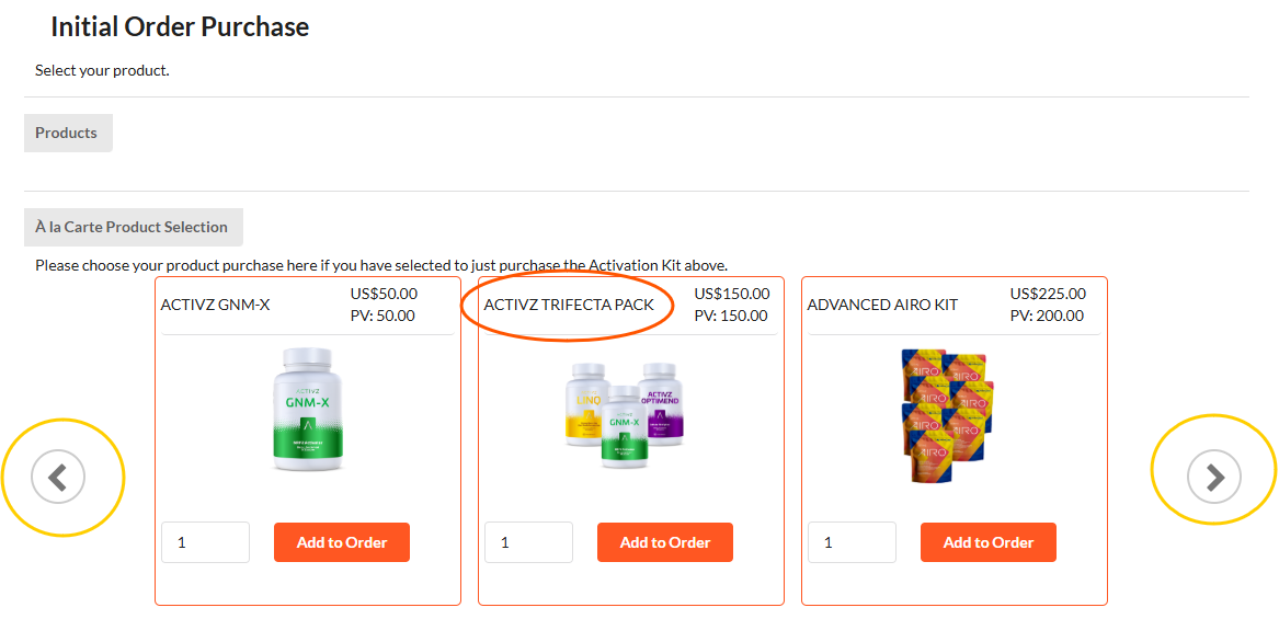Initial Order Purchase page showing the À la Carte product carousel
